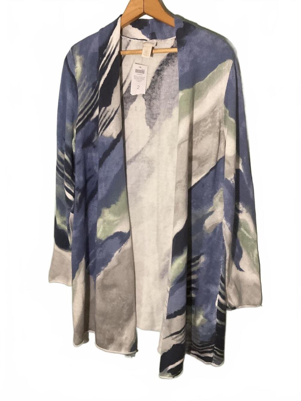 Chico's Abstract Watercolor Girlfriend Cardigan Sweater 3/4 Sleeve Size 2 NWT